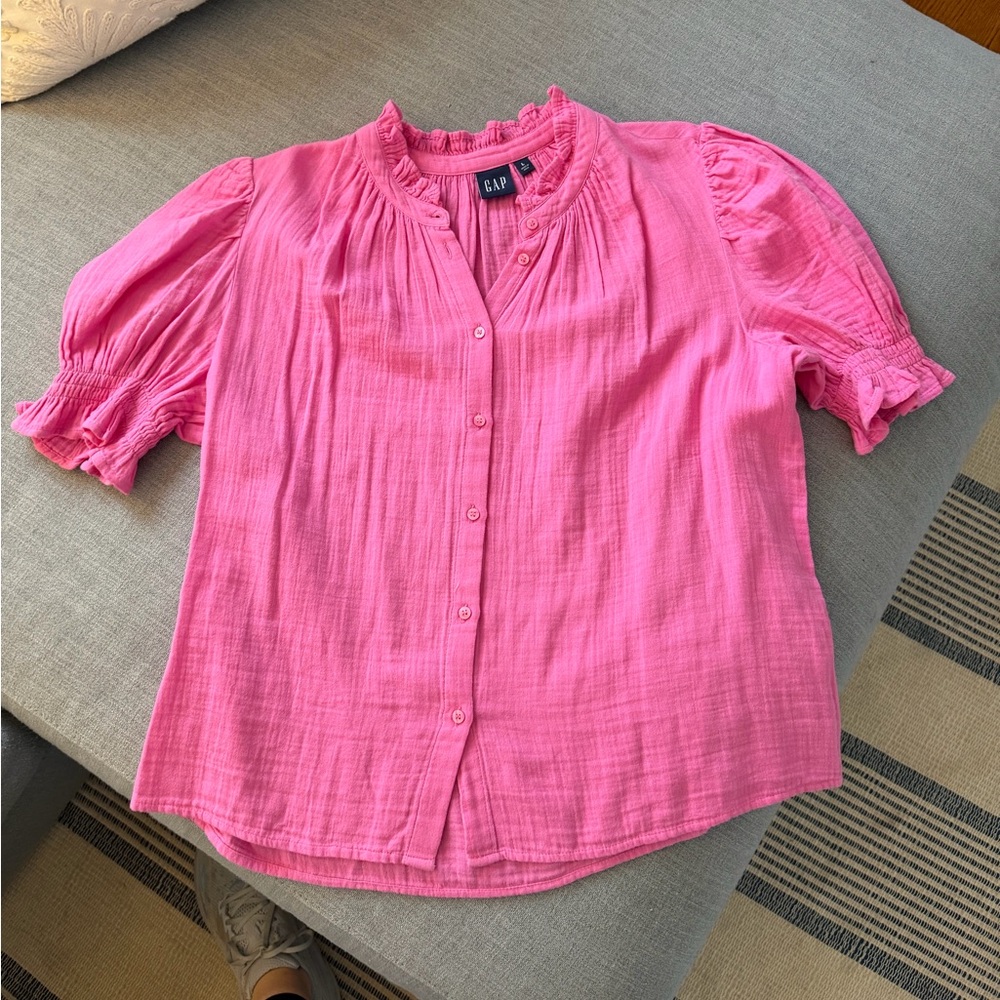 GAP Women’s Hot Pink Cotton Smocked Pouf Sleeve Blouse Large